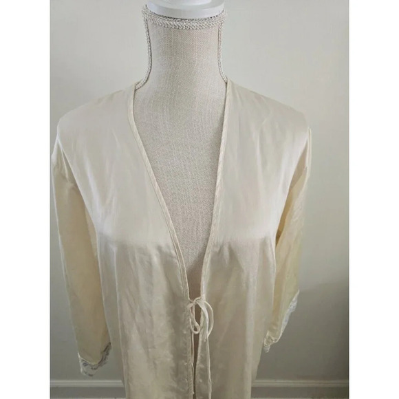 Saks Fifth Avenue Silk Lace Satin Blue Cream Open Tie Vintage VTG Robe Small S - Picture 2 of 9